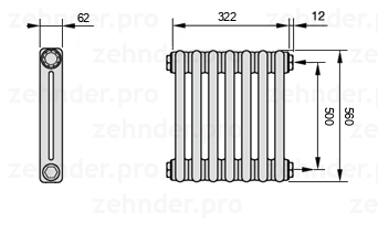 Схема (чертеж) Радиатор Zehnder Charleston 2056/7 №7610 Белый глянцевый RAL 9016